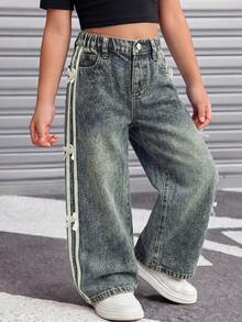 Young Girl Y2k Fashion Side Strap Bow Vintage Washed Dark Blue Denim Loose Baggy Jeans, Fall/Winter, For Back-To-School - Dark Wash - View 4