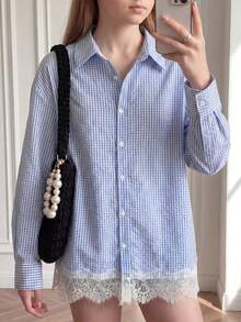 Teen Girl Minimalist Casual Elegant Textured Blue & White Striped Contrast Lace Blouse Fall/Winter - Blue and White - View 8