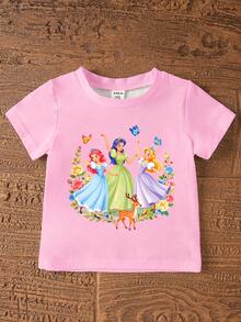 1 Conjunto de camiseta de manga corta con cuello redondo y estampado de princesa de dibujos animados rosa lindo, dulce y elegante, y pantalones cortos con estampado de ciervo y flores para niñas bebé, conjunto de estampado de cuento de hadas soñador adecuado para primavera, verano, otoño, casual, vacaciones, salidas - Multicolor - Ver 4
