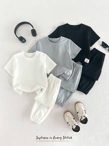 SHEIN 兒童 Young Bo 極簡百搭丹寧圓領短袖T恤與寬鬆長褲3件套 6件/包 - 灰色 - 查看 9
