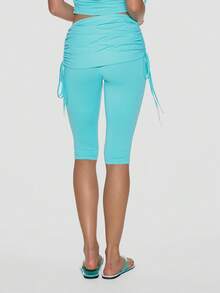 MUSERA Foldover Ruched Tie Side Waist Fitted Capri Pants Leggings Coord Bottoms Only Summer Holiday Festival Cute Going Out Vacation Girly Y2k Bad Timing - Blue - View 4