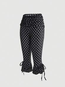 ROMWE Avant Vintage Y2K Style Vacation Retro Polka Dot Patchwork Ruched Fitted Women's 7/8 Length Pants - Black - View 5