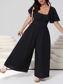 SHEIN CURVE+ 大尺碼女款百褶綁帶寬鬆連身褲，適合日常通勤、度假，黑色夏季休閒款，柔軟顯形，優雅傳統波希米亞風，適合正式場合與早午餐 - 黑色 - 查看 6