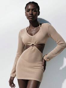SHEIN 女士 V 领镂空腰长袖直筒连衣裙 - 卡其色 - 查看 7