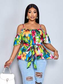 SOLERSUN Plus-Size Women's Floral V-Neck Off-Shoulder Loose Casual Blouse, Adorned With Ruffles And A Tie Waist. Spring/Summer Vacation Blouse, Fitted Casual Blouse, Green Blouse, Easter Shirt, Plus-Size Ruffled Short-Sleeved Tea Party Blouse, Everyday Commuting Blouse, A-Line Ruffled Hem Blouse, New Spring/Summer Ruffled Short-Sleeved Tie-Up Loose Blouse, Elegant, Casual, And Sexy Women's Wear. - Green - View 4
