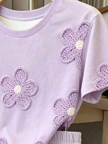SHEIN Girls' Purple Floral Print All-Over Shorts Set, Casual All-Match Versatile 2-Piece Outfit For Summer, Autumn, Spring, Suitable For Girls And Girl - Multicolor - View 5