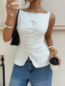 Siren Gaze Sleeveless Top With Retro Chinese-Style Knot Buttons – Women's Textured Square-Neck Slim-Fit Versatile Top (Suitable For Vacation White Summer - Apricot - View 4