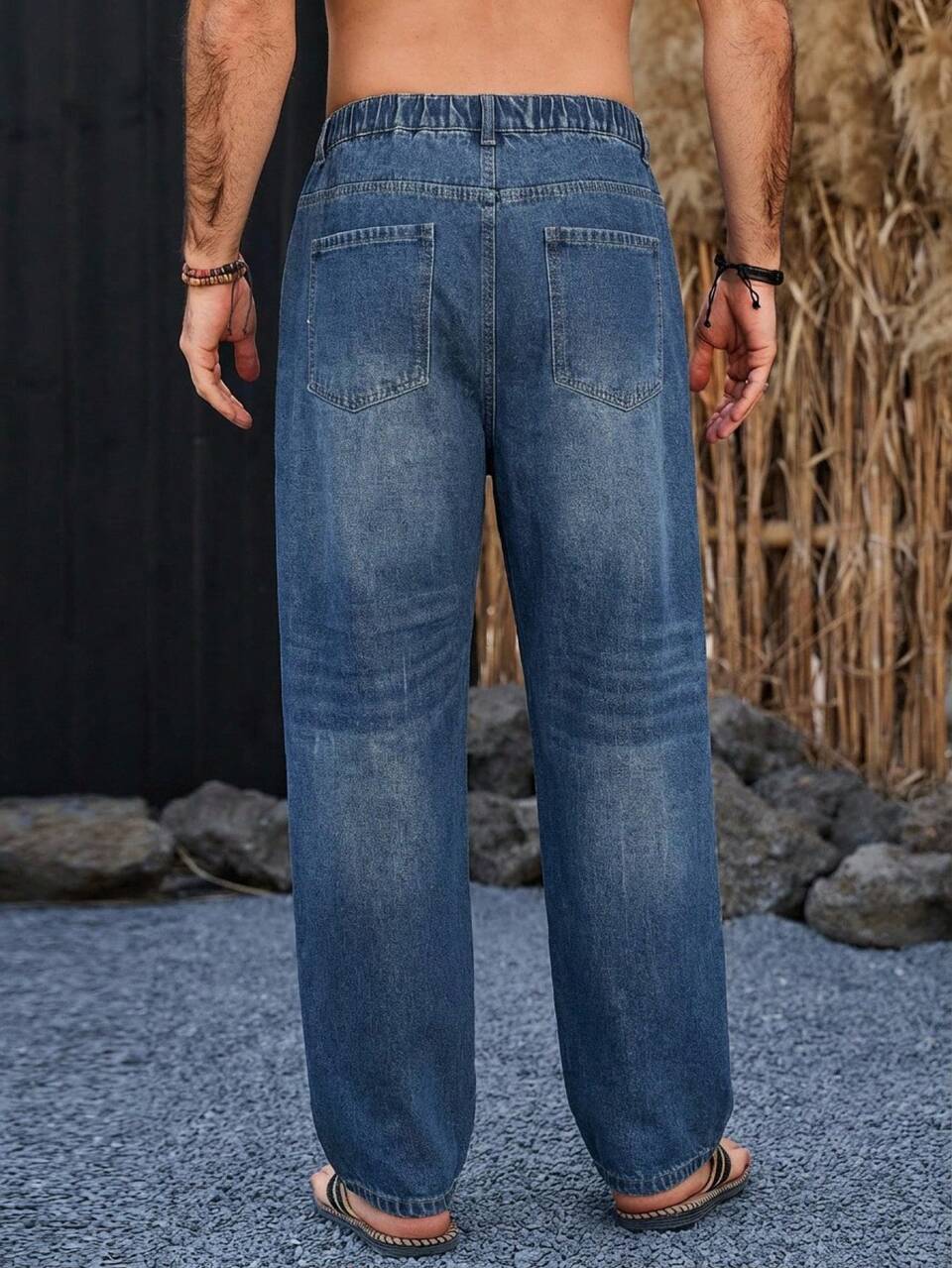 Long Elastic Waist Distressed Blue Plus Size Men's Jeans