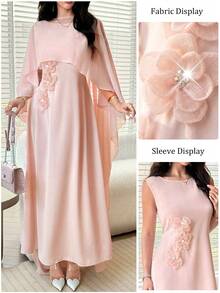 Light Pink Chiffon Maxi Dress With 3D Flowers And Scarf For Spring/Summer - Pink - View 3