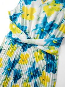 GlowEve CURVE Plus Size Women's Elegant Brown Summer Flowy Floral V-Neck Sleeveless A-Line Maxi Dress, Marble Cinched Waist Ruched Tea Party Gym Vacation - Green - View 7
