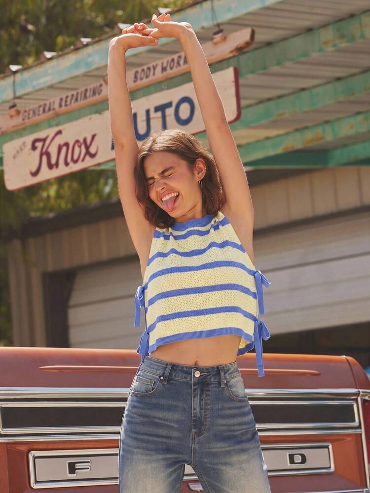WESTFADE Summer Stripe Scoop Neck Bow Tie Sides Cropped Knit Top Of July Beach Vacation - Light Yellow - View 2