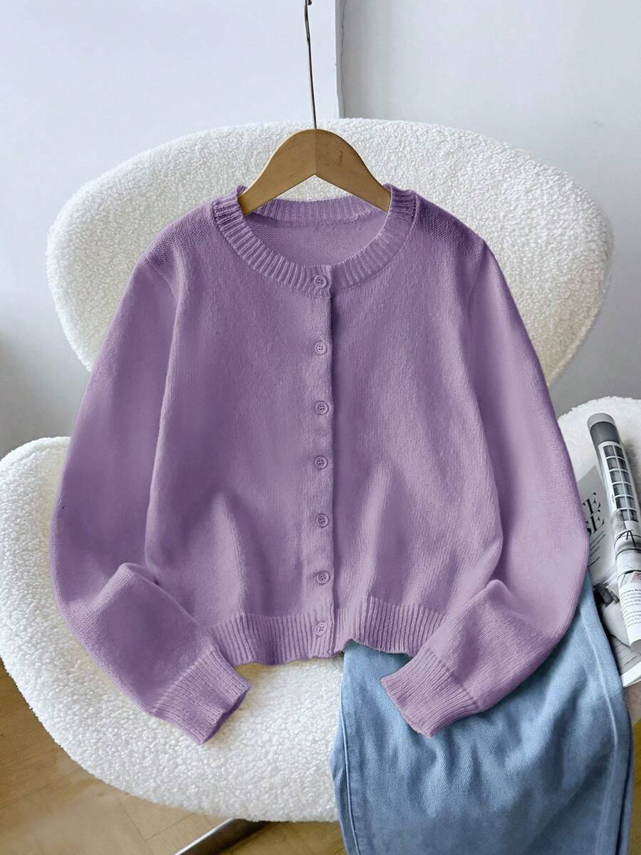 SHEIN Tween女孩純色長袖單排扣休閒針織開襟衫 秋冬款 - 紫色 - 查看 1