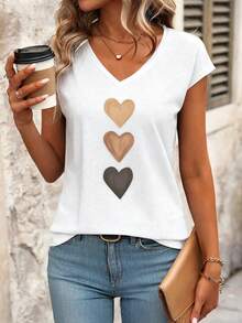Louniche Women's Fashion Heart Pattern Print V-Neck Casual T-Shirt - White - View 3