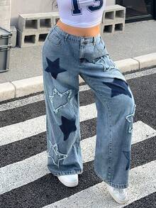 SHEIN ICON 大尺碼女款星星圖案口袋寬腿牛仔褲 - 淺色水洗藍 - 查看 5