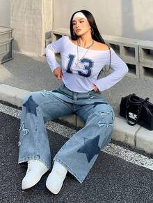 SHEIN ICON 大尺碼女款星星圖案口袋寬腿牛仔褲 - 淺色水洗藍 - 查看 6