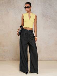 COSMINA Camiseta de tirantes elegante y ajustada con cuello en pico de unicolor para mujer - Amarillo claro - Ver 3