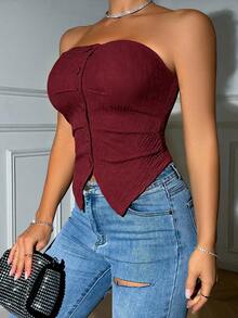 VaVaBold Women's Solid Color Casual Versatile Daily Outing Bandeau Top - Burgundy - View 4
