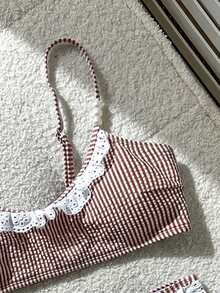 Swim Mod 女童條紋背心泳上衣與V型比基尼泳褲2件套 - 咖啡棕 - 查看 3