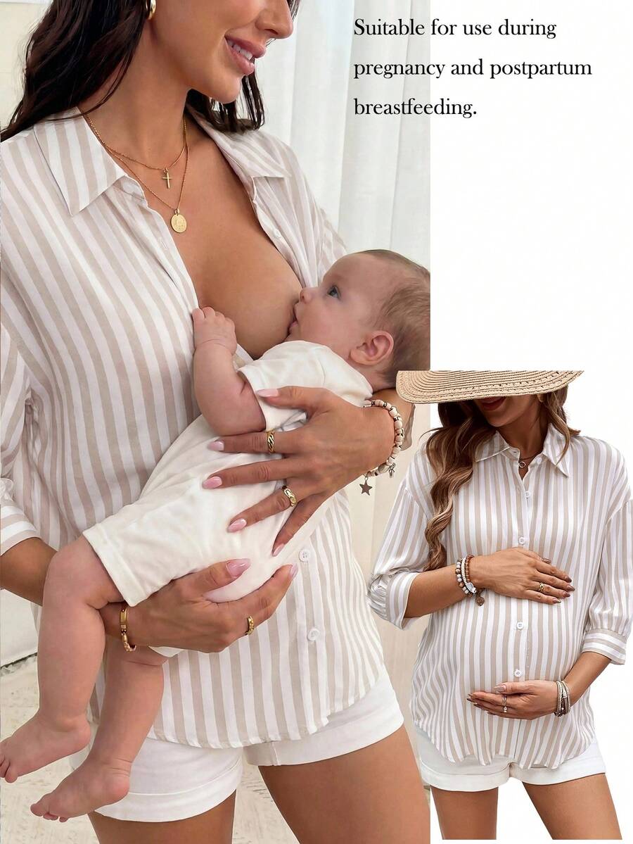 SHEIN Maternity Outdoor Lightweight Button-Up Nursing Shirt - Khaki - View 1
