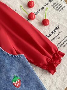 SHEIN 2件/套女嬰休閒可愛翻領長袖上衣與草莓刺繡裝飾吊帶褲套裝，適合春秋季節，日常穿著可愛休閒套裝 - 紅色 - 查看 5