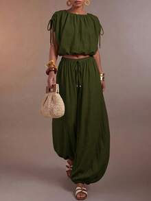 Zivah Women's Solid Color Pleated Top And Lantern Pants Casual Daily Set - Army Green - View 6