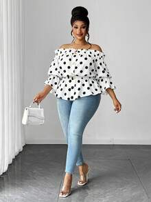 Maweii Camisa de botones con hombros descubiertos, volantes y estampado de lunares para mujer talla grande, de verano - Multicolor - Ver 4