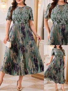 Reflora Plus Size Round Neck Raglan Short Sleeve Pleated Dress, Elegant Summer Fashion - Green - View 4