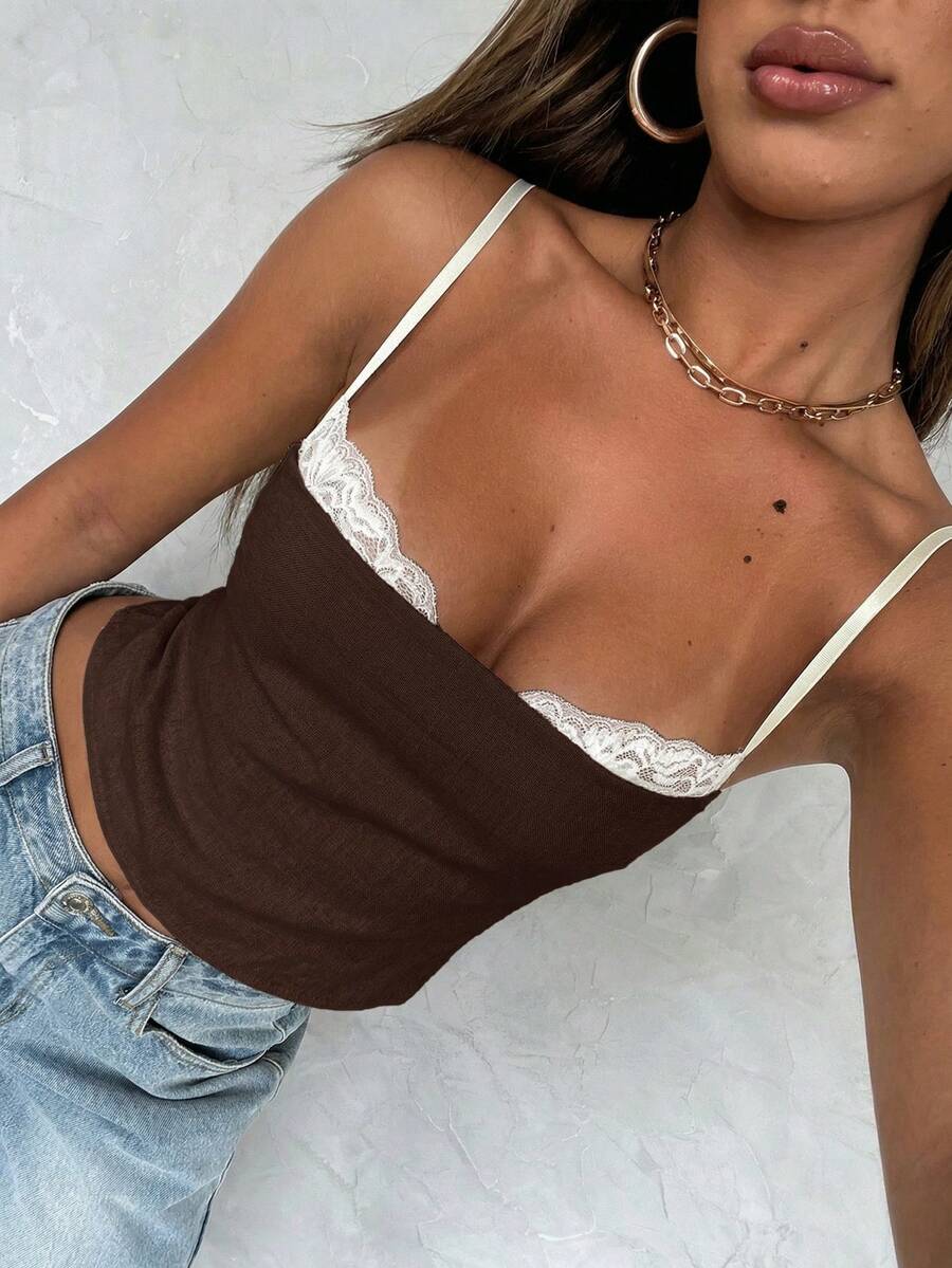 SHEIN BAE Women's Contrast Lace Fitted Sexy Camisole Top Club Night Out Date Night Brown And White Polka Dot Stripe Summer Halloween - Coffee Brown - View 1