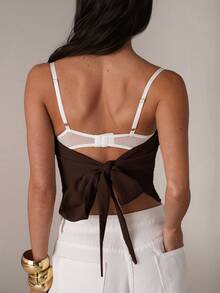 SHEIN BAE Women's Contrast Lace Fitted Sexy Camisole Top Club Night Out Date Night Brown And White Polka Dot Stripe Summer Halloween - Coffee Brown - View 7
