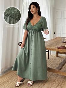 Weeklong Women's Plus Size Spring/Summer Casual Vacation Waist-Defining Exquisite Lace Button Contrast Color Loose A-Line Dress, Suitable For Daily Vacation Wear - Green - View 5