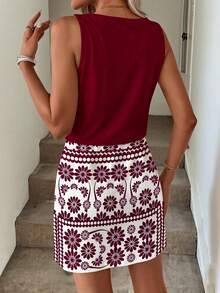 SHEIN LUNE Gaun Pendek Kasual Bermotif untuk Wanita, Cocok untuk Musim Semi dan Musim Panas - Burgundy - View 2