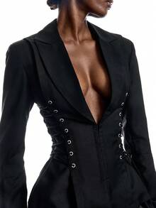 LYSMO Women's Fashionable Street Style Drawstring Tie-Up Elegant Blazer - Black - View 8