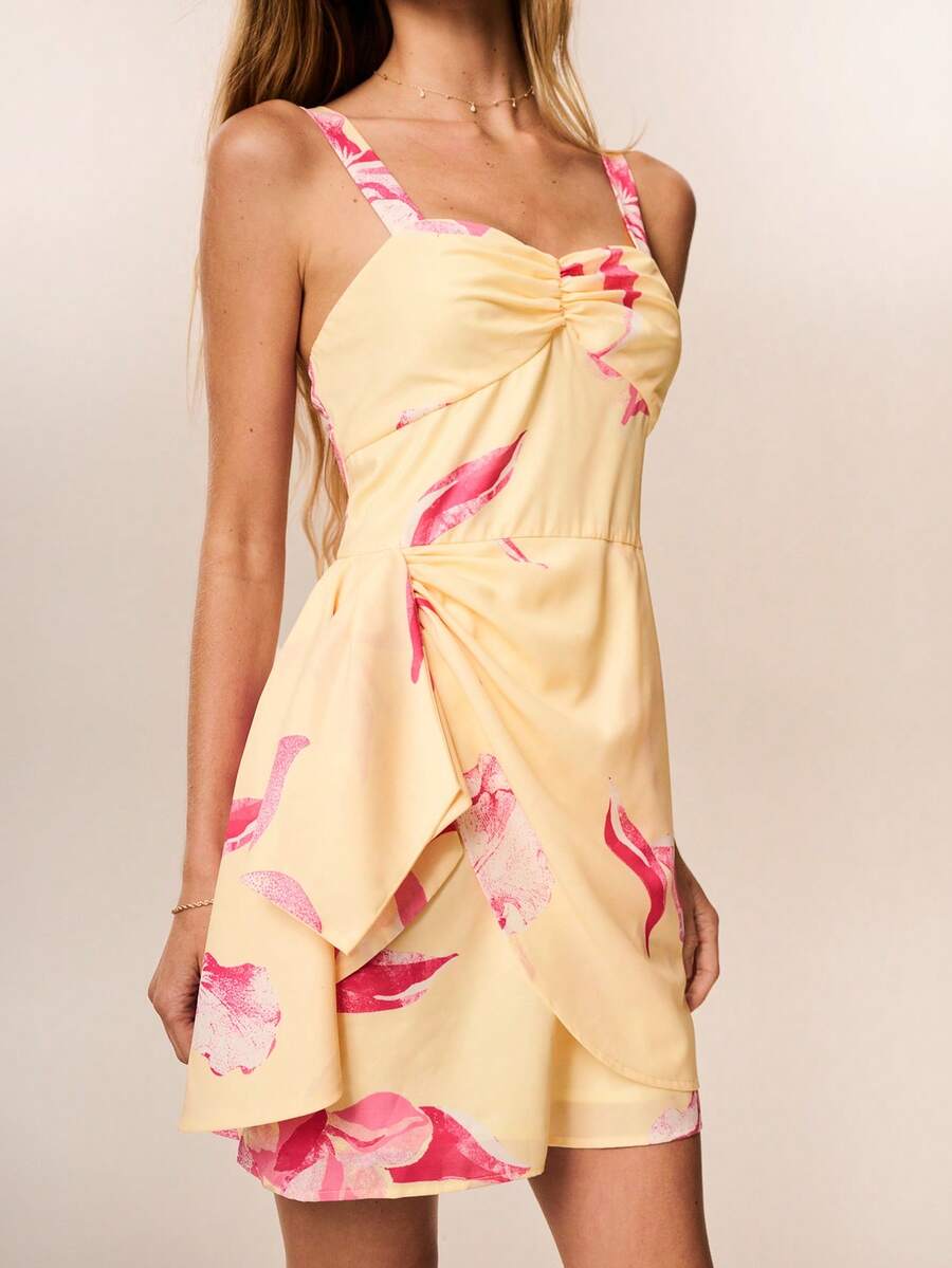 Willow Rêve Women's Yellow Floral Print Spaghetti Strap Dress, Boho Style, Romantic Vacation Style - Multicolor - View 1