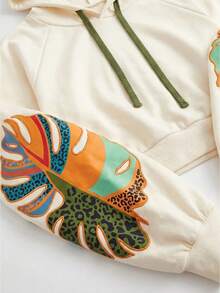CAJUNI Women's Tropical Plant Print Raglan Long Sleeve Drawstring Hooded Sweatshirt - Beige - View 5