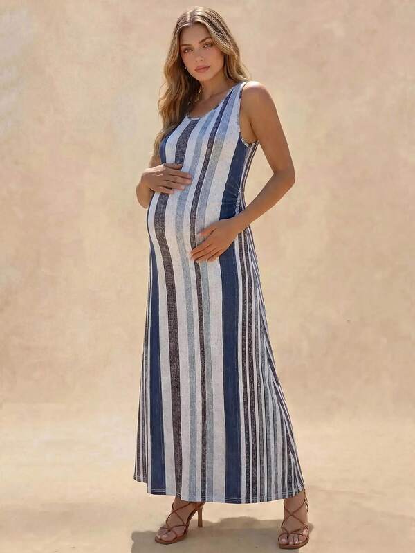 Boho Mama 孕婦度假條紋圓領休閒無袖洋裝
