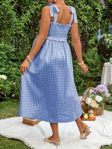 Lyckli Plaid Maternity Nursing Casual Soft Form 1960s Daily Dates Outing Dress Blue And Yellow Summer - Blue and White - View 3