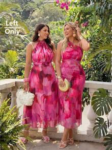 Auralis Plus Size Spring/Summer Sleeveless Mock Neck Brush Art Pastel Pink Print Mesh Ruched Multi-Layer Hem Backless Midi Dress For Women 70's Evening - Hot Pink - View 3