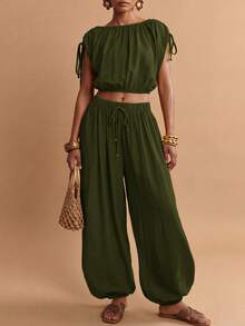 Zivah Women's Solid Color Pleated Top And Lantern Pants Casual Daily Set - Army Green - View 7