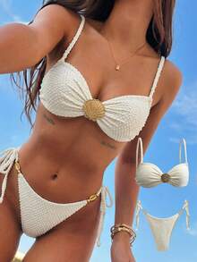 Elavelle Conjunto de bikini con tirantes finos de unicolor con textura, sexy, con decoraciones de concha y metal para el verano en la playa para mujeres - Beis - Ver 8