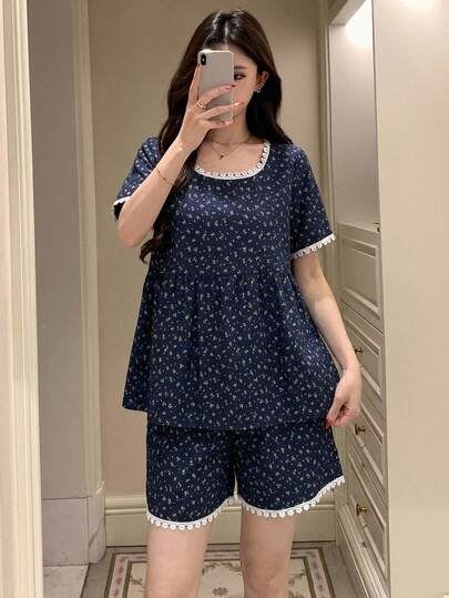 DAZY Women's Ditsy Floral Round Neck Short Sleeve Top And Shorts Pajama Set