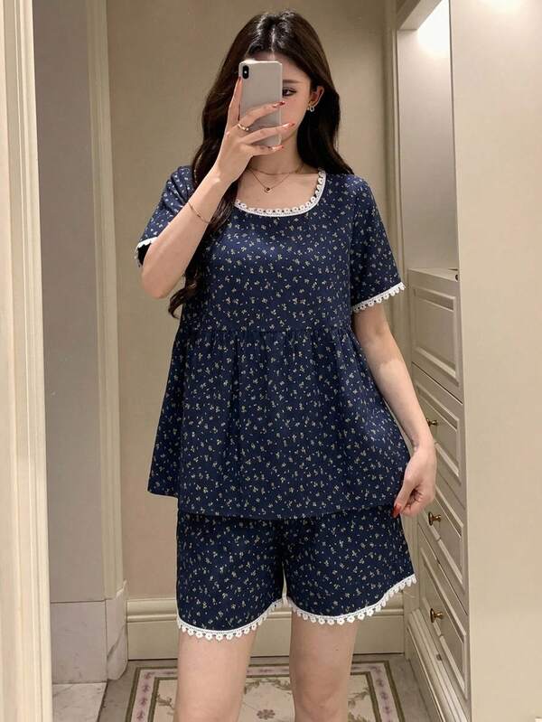 DAZY Women's Ditsy Floral Round Neck Short Sleeve Top And Shorts Pajama Set