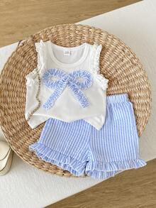SHEIN Baby Girl Bow Decor Tank Top & Striped Shorts Set - Blue and White - View 5