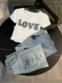 Franclia Matching Short Round Neck Raglan Sleeve T-Shirt + Straight Leg Pants With Side Pockets - White - View 3