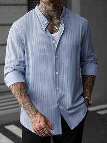 Manfinity Homme Men's Front Button Stand Collar Striped Print Long Sleeve Shirt - Blue - View 3