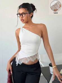 Siren Gaze 女款夏季優雅性感純色蕾絲拼接單肩上衣，適合早午餐、派對、夜生活，白色 - 白色 - 查看 7