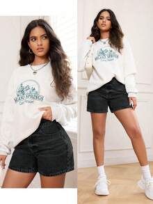 SHEIN PETITE 女款休閒百搭牛仔短褲附口袋 - 黑色 - 查看 8