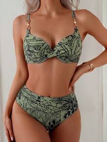 Swim Lushoire Springbreak 2pcs Women's Summer Beach Random Tropical Plant Print Push-Up Underwire Vintage Bikini Set - Olive Green - View 1