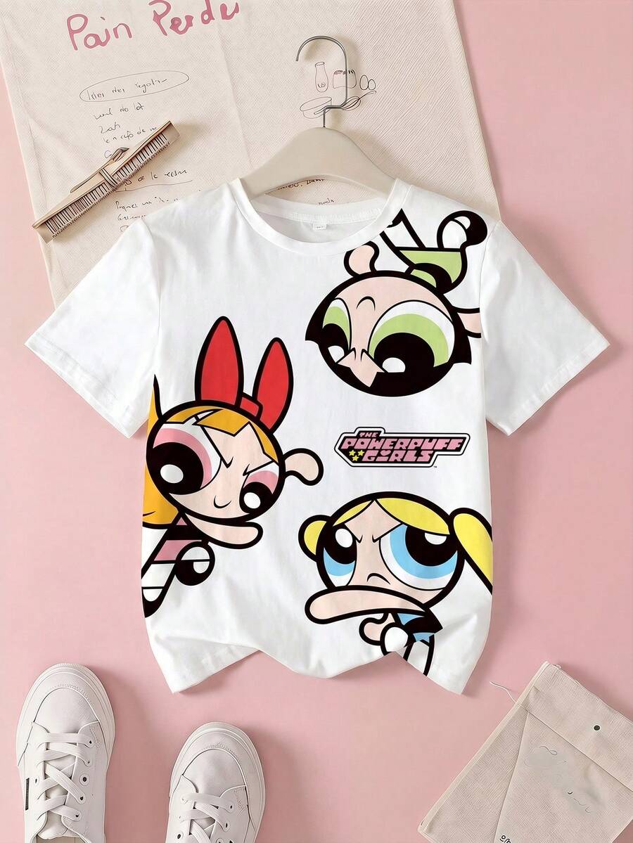 THE POWERPUFF GIRLS X SHEIN Tween Girl Cartoon Print Short Sleeve T-Shirt - White - View 1