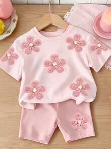 SHEIN Sparklyn 青少年女孩 2件/套休閒時尚百搭春/夏女童T恤套裝，夏季可愛甜美粉色花卉圖案，多巴胺粉色套裝，柔軟寬鬆圓領短袖T恤和單車短褲 2件/套，時尚女孩穿搭，新風格，春季氛圍 - 彩色 - 查看 2