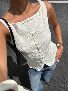 Siren Gaze Sleeveless Top With Retro Chinese-Style Knot Buttons – Women's Textured Square-Neck Slim-Fit Versatile Top (Suitable For Vacation White Summer - Apricot - View 9